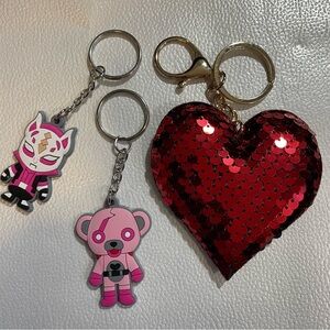 Red Sequin Heart Keychain with Pink Character Charms